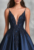 Load image into Gallery viewer, Navy A Line Satin V-Neck Long Prom Dress with Lace Appliques