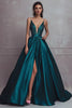 Load image into Gallery viewer, Dark Green A Line Satin Beaded Long Prom Dress with Slit