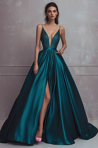 Dark Green A Line Satin Beaded Long Prom Dress with Slit