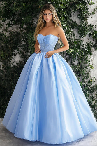 Sky Blue Ball Gown Strapless Long Prom Dress with Appliques