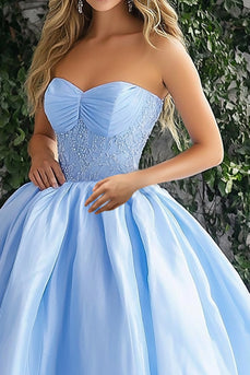 Sky Blue Ball Gown Strapless Long Prom Dress with Appliques