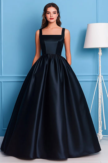 Black A Line Satin Square Neck Pleated Long Prom Dress