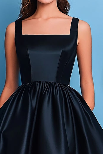 Black A Line Satin Square Neck Pleated Long Prom Dress