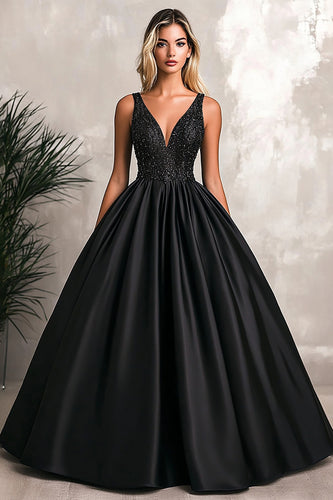 Sparkly Black Ball Gown Satin V-Neck Long Prom Dress