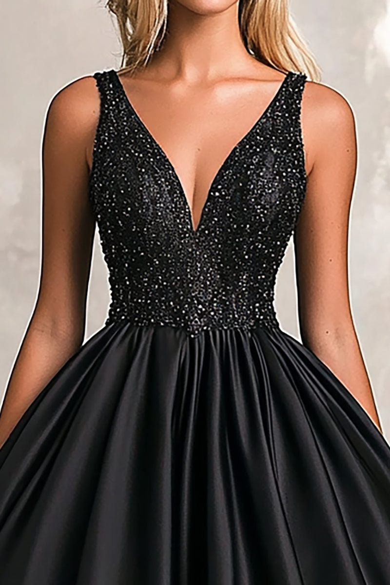 Load image into Gallery viewer, Sparkly Black Ball Gown Satin V-Neck Long Prom Dress