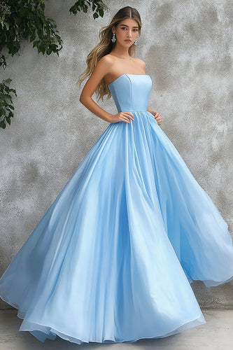 Sky Blue A Line Strapless Long Prom Dress