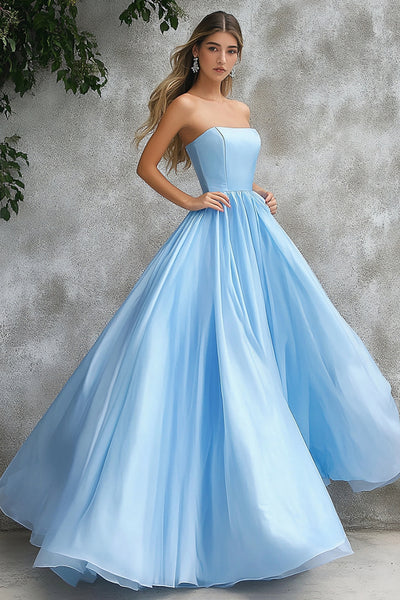 Sky Blue A Line Strapless Long Prom Dress