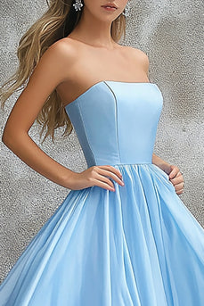 Sky Blue A Line Strapless Long Prom Dress