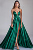 Load image into Gallery viewer, Dark Green A Line Satin V-Neck Long Prom Dress with Slit