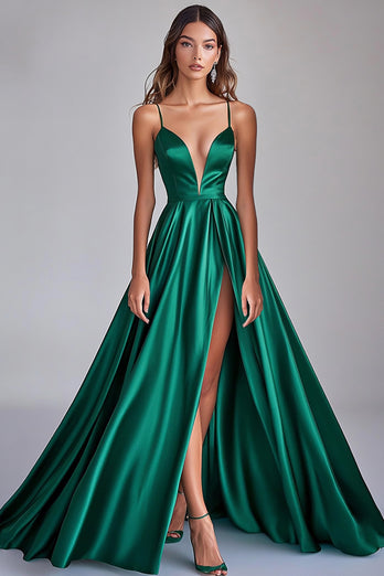 Dark Green A Line Satin V-Neck Long Prom Dress with Slit