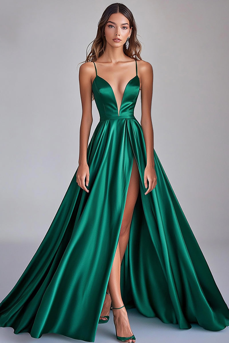 Load image into Gallery viewer, Dark Green A Line Satin V-Neck Long Prom Dress with Slit