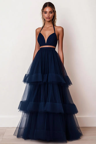 Navy A Line Tulle Separated Tiered Long Prom Dress