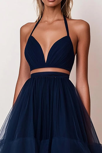 Navy A Line Tulle Separated Tiered Long Prom Dress