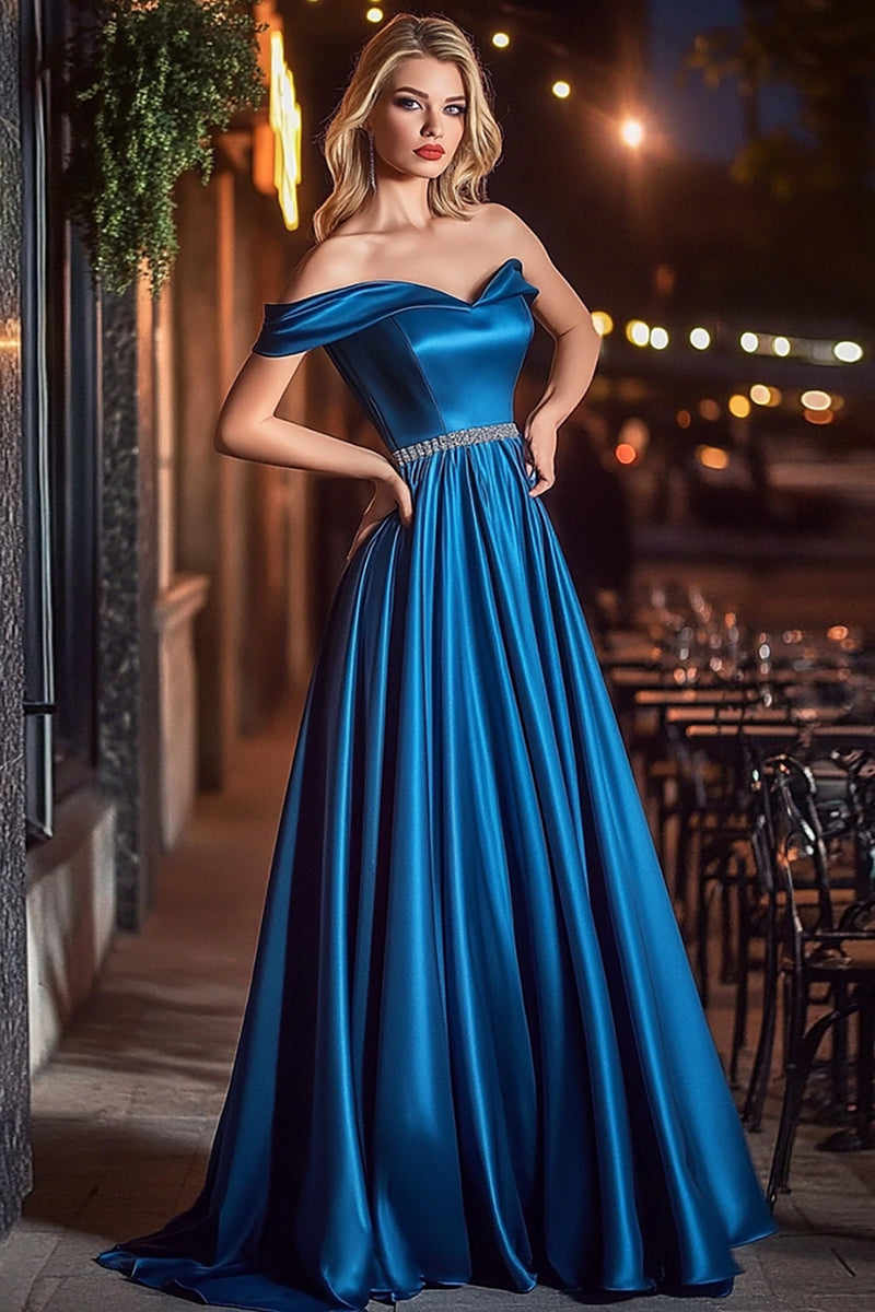 Load image into Gallery viewer, Royal Blue A Line Satin One Shoulder Pleated Long Prom Dress