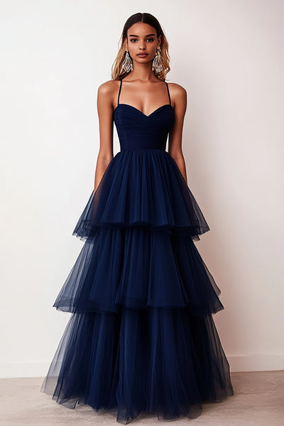 Navy A Line Tiered Long Tulle Prom Dress