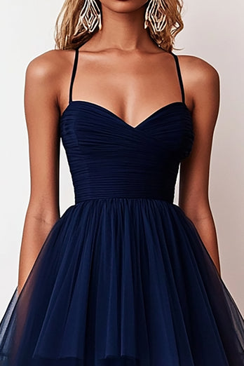 Navy A Line Tiered Long Tulle Prom Dress