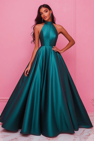 Dark Green Ball Gown Satin Halter Long Prom Dress