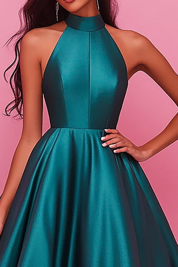 Dark Green Ball Gown Satin Halter Long Prom Dress