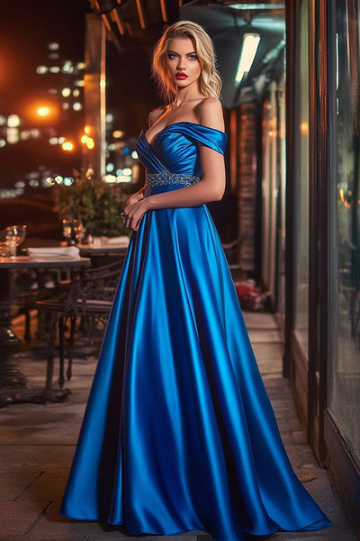 Royal Blue A Line Satin Off the Shoulder Long Prom Dress