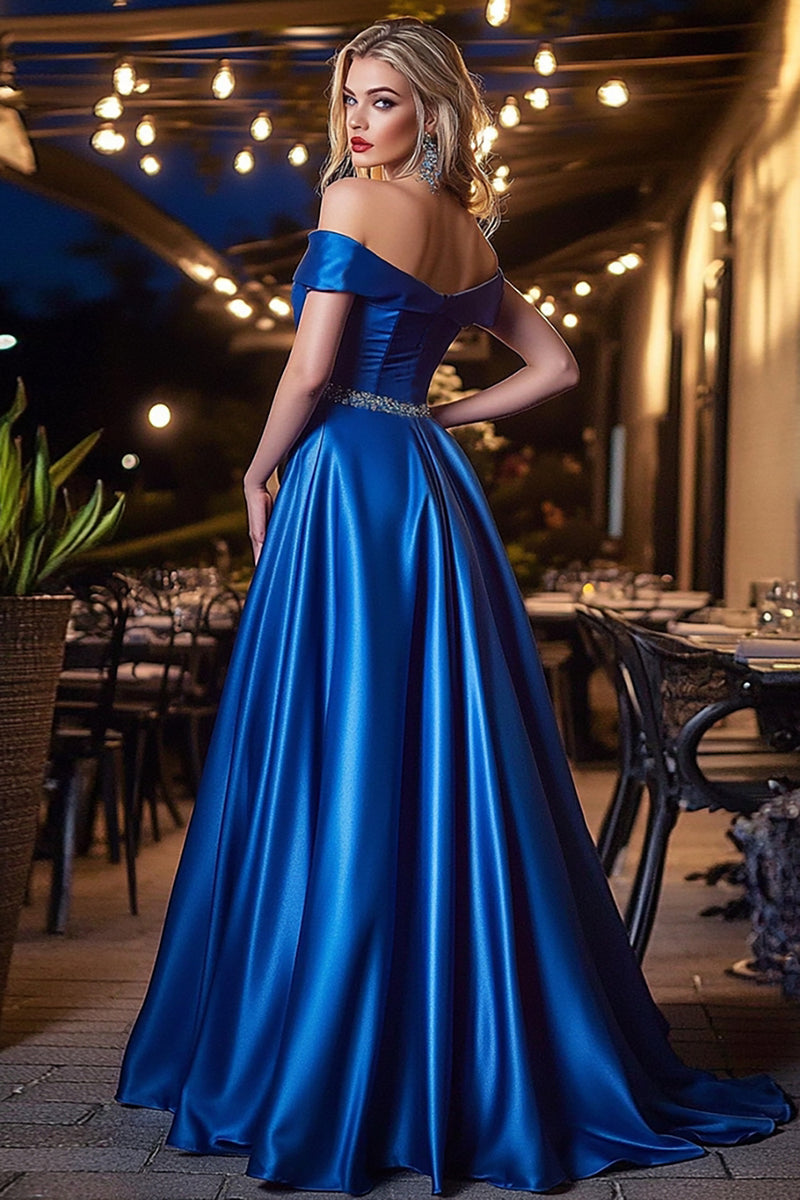 Load image into Gallery viewer, Royal Blue A Line Satin Off the Shoulder Long Prom Dress