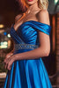 Load image into Gallery viewer, Royal Blue A Line Satin Off the Shoulder Long Prom Dress