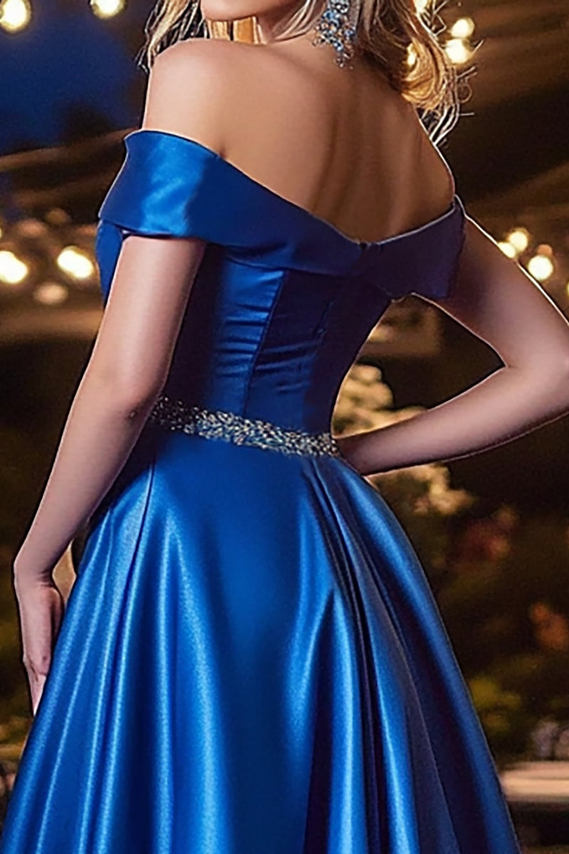 Load image into Gallery viewer, Royal Blue A Line Satin Off the Shoulder Long Prom Dress