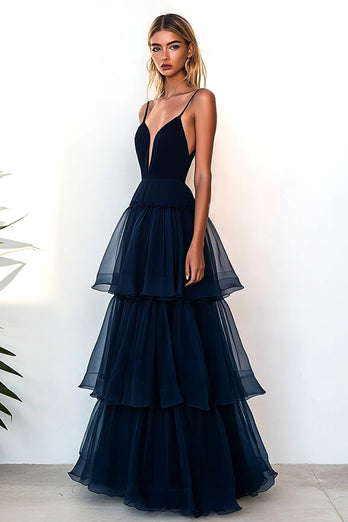 Navy A Line Tulle Spaghetti Straps V-Neck Tiered Long Prom Dress