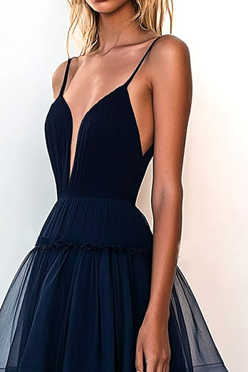 Navy A Line Tulle Spaghetti Straps V-Neck Tiered Long Prom Dress