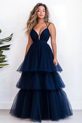 Navy A Line Tulle Spaghetti Straps Tiered Long Prom Dress