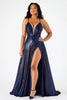 Load image into Gallery viewer, Sparkly Navy A Line Sequins V-Neck Long Prom Dress with Slit