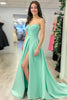 Load image into Gallery viewer, Light Green A Line Satin Strapless Long Prom Dress with Slit