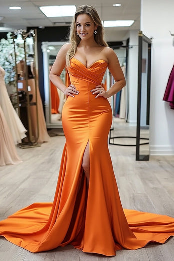 Satin Orange Mermaid Ruched Long Prom Dress with Slit