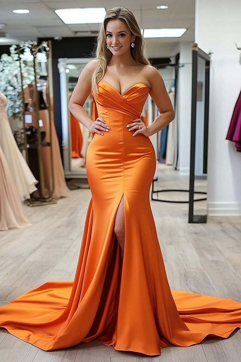 Load image into Gallery viewer, Satin Orange Mermaid Ruched Long Prom Dress with Slit