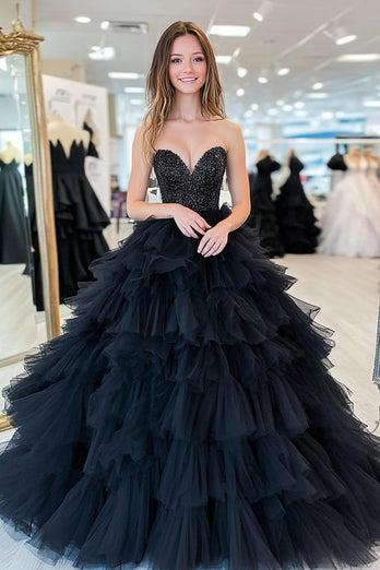 Black Ball Gown Tulle Tiered Long Prom Dress