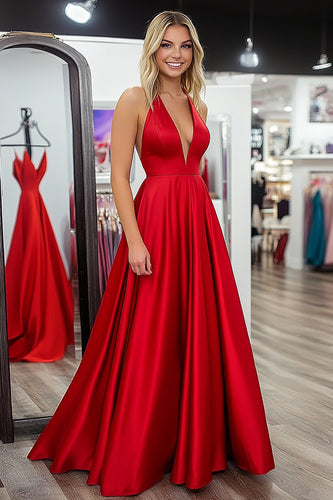 Red A Line Satin V-Neck Sleeveless Long Prom Dress