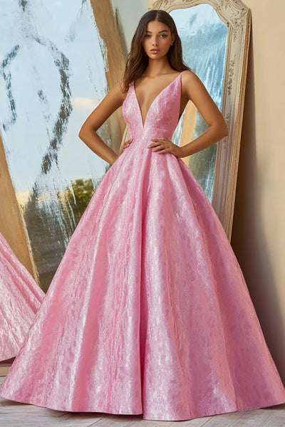 Ball Gown Pink Satin V-Neck Long Prom Dress