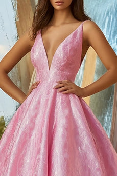 Ball Gown Pink Satin V-Neck Long Prom Dress