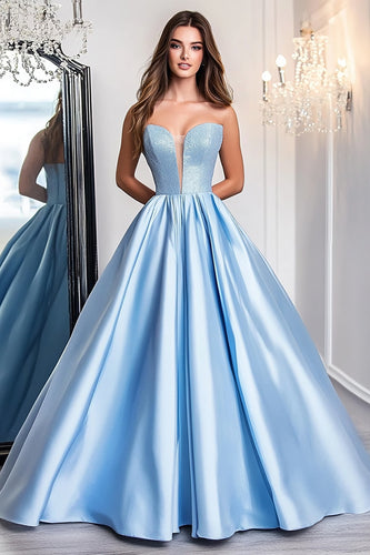 Sky Blue Ball Gown Satin Strapless V-Neck Long Prom Dress