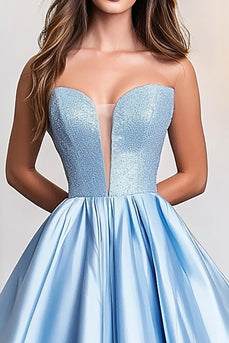 Sky Blue Ball Gown Satin Strapless V-Neck Long Prom Dress