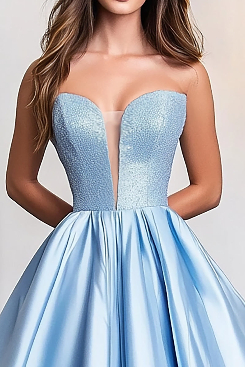 Load image into Gallery viewer, Sky Blue Ball Gown Satin Strapless V-Neck Long Prom Dress