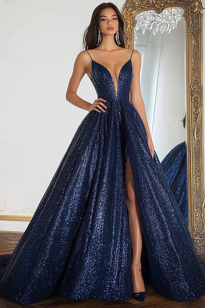 Sparkly Navy Ball Gown Sequins V-Neck Long Prom Dress with Slit