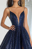 Load image into Gallery viewer, Sparkly Navy Ball Gown Sequins V-Neck Long Prom Dress with Slit