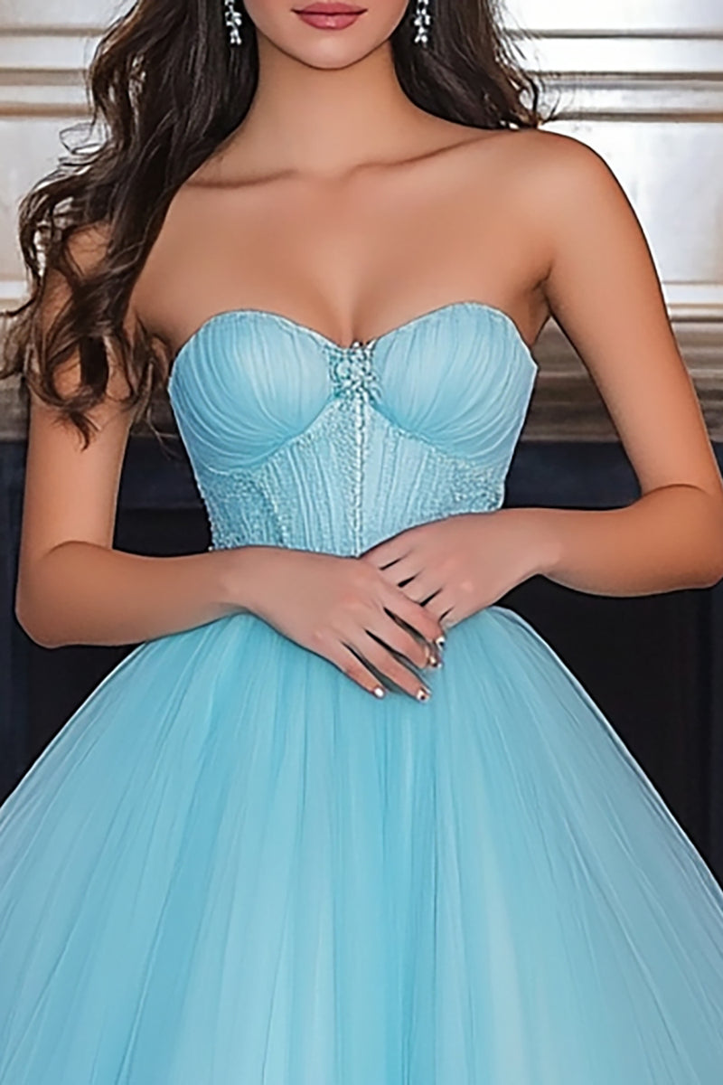 Load image into Gallery viewer, Sky Blue Ball Gown Tulle Strapless Corset Long Prom Dress