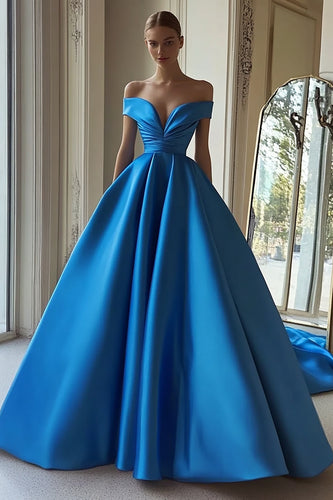 Blue Ball Gown Satin Off the Shoulder Long Prom Dress