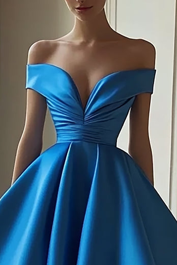 Blue Ball Gown Satin Off the Shoulder Long Prom Dress