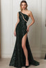 Load image into Gallery viewer, Sparkly Dark Green Sheath Sequins One Shoulder Long Prom Dress with Slit