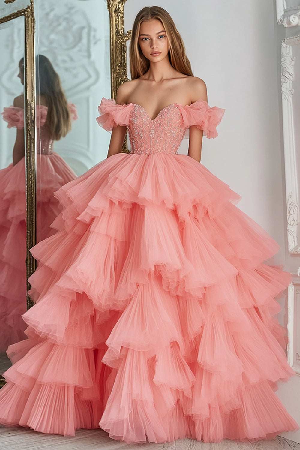 Pink Ball Gown Tulle Tiered Long Prom Dress with Ruffles