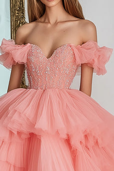 Pink Ball Gown Tulle Tiered Long Prom Dress with Ruffles