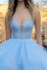 Load image into Gallery viewer, Sky Blue Tulle High-Low Tiered Long Prom Dress with Appliques