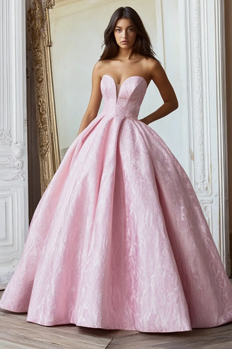 Pink Ball Gown Strapless Long Prom Dress